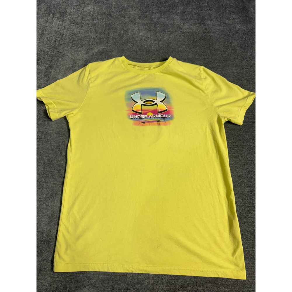 Under Armour Kids Neon Yellow Graphic Logo Tee Youth XL Loose Fit Short Sleeve
